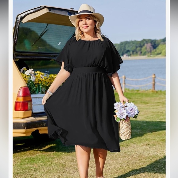 Hanna Nikole Chiffon Black Ruffle Sleeve A-Line Empire Waist Midi Dress Size 18W - Picture 4 of 16